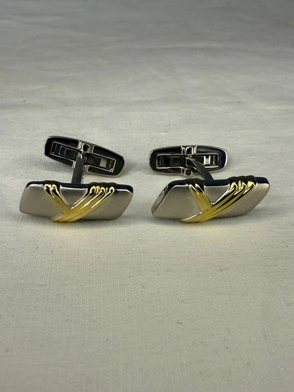 Saint Laurent YSL Two Tone Sculpted Bar Cufflinks Gold Silver 1